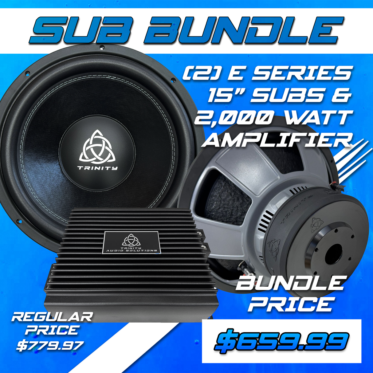 Trinity Audio Dual E Series 15" Subwoofers & 2000.1v2 2,000 Watt Monoblock Amplifier