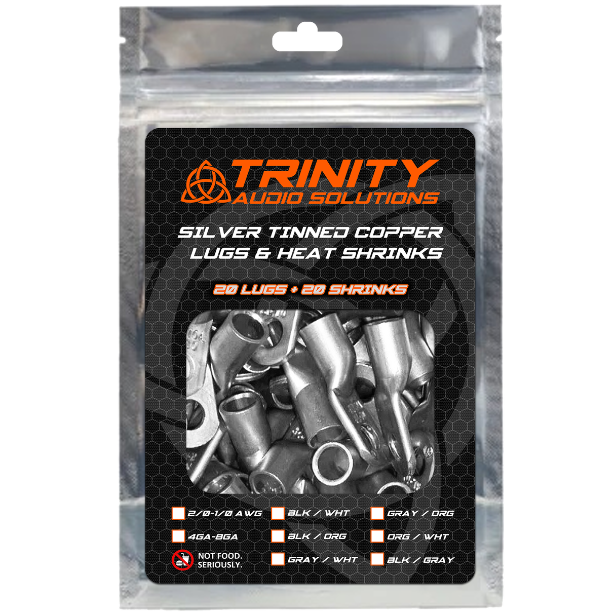 Trinity Audio Solutions 20-Pack 8 AWG Ring Terminals Silver Tinned 100% OFC Copper with Custom Trinity Heat Shrinks